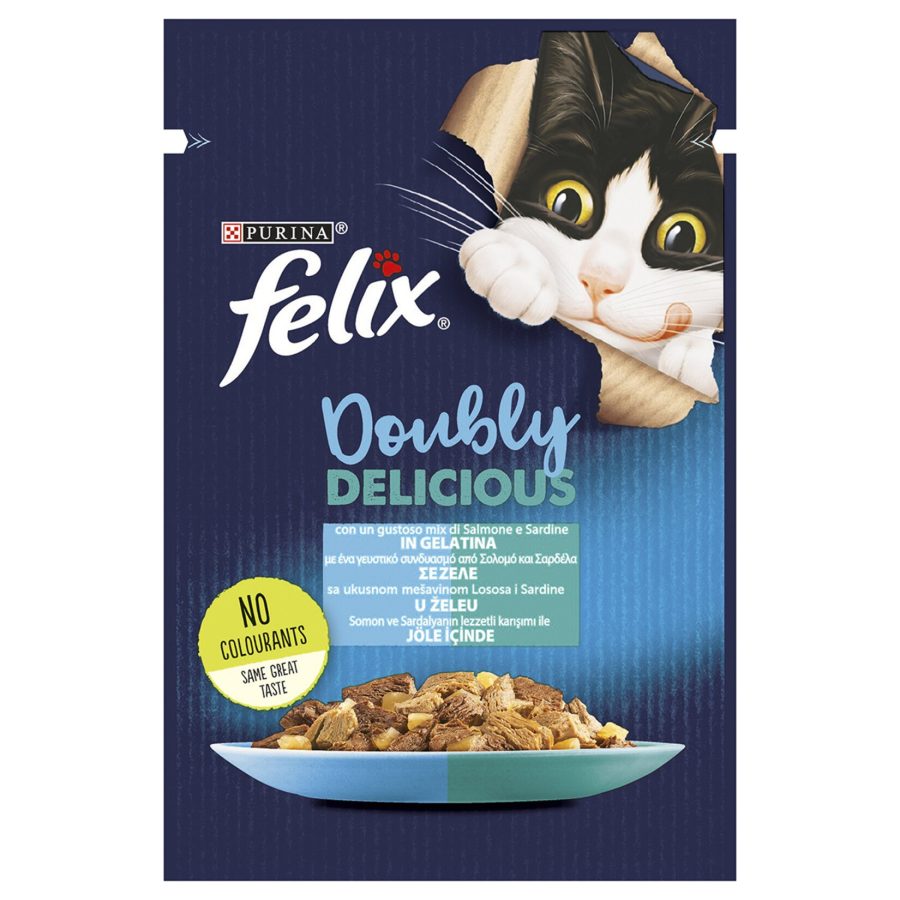 پوچ فیلیکس گربه بالغ با طعم ماهی سالمون و ساردین در ژله Purina felix doubly delicious Salmon and sardine in jelly pouch