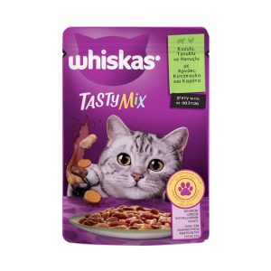 پوچ ویسکاس گربه با طعم میکس بره و مرغ و هویج در سس Whiskas Tasty  Lamb & Chicken & Carrot In Gravy pouch